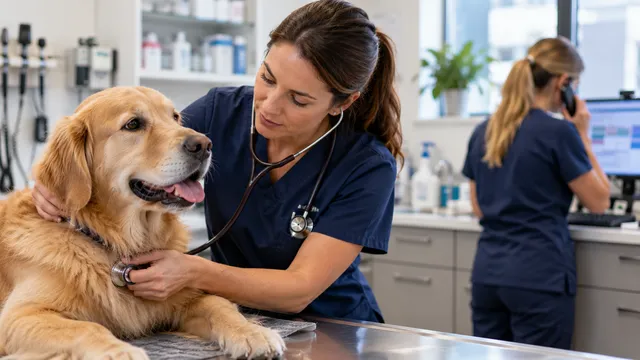 Veterinarian examining a dog in a veterinary clinic